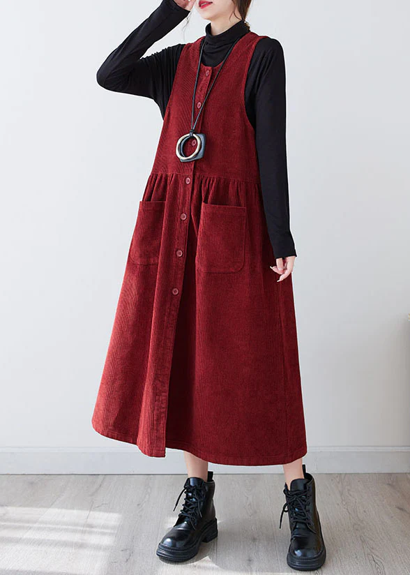 Casual O Neck Quilted Pocket Corduroy Long Dress