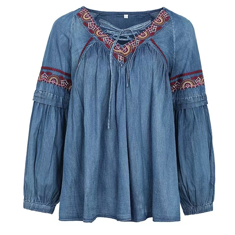 Loose Embroidered Geometric Tie Long Sleeve Denim Top