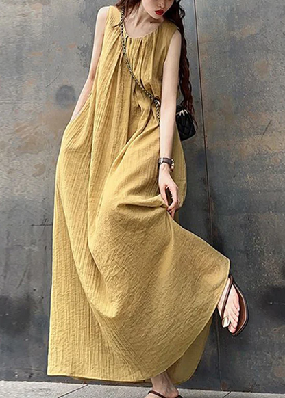 Elegant Round Neck Wrinkled Cotton Sleeveless Pleated Long Dress