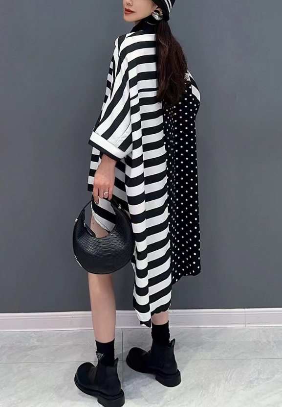 Black And White Patchwork Striped Asymmetric Shirt Top