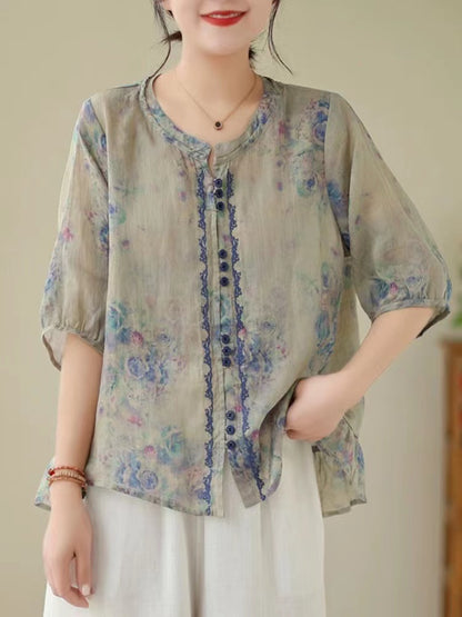 Elegant Printed Color Clash Cardigan Short Sleeve Cotton Blouse Top