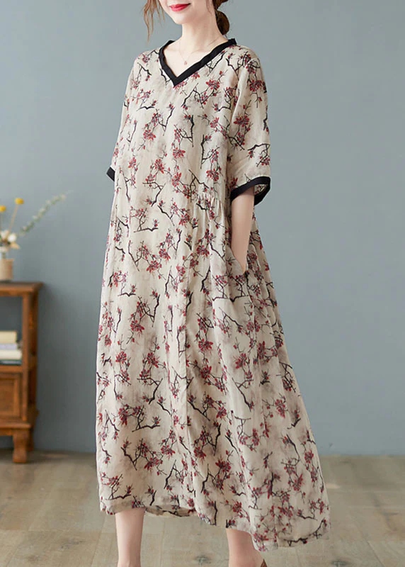 Elegant V-Neck Printed Linen Short Sleeve Dress