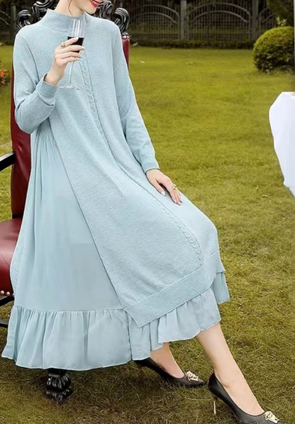 Loose Patchwork Long Stand-Up Collar Wool Dress