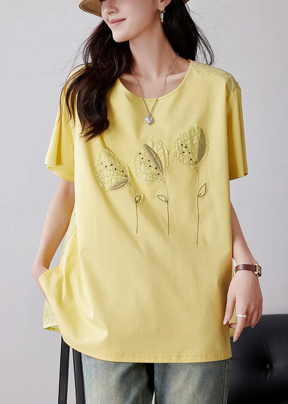 Women's Yellow Embroidered Applique Cotton T-Shirt Summer