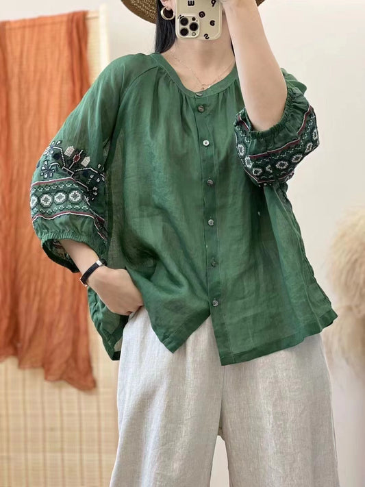 Loose Printed Lantern Sleeve Cardigan Shirt Top