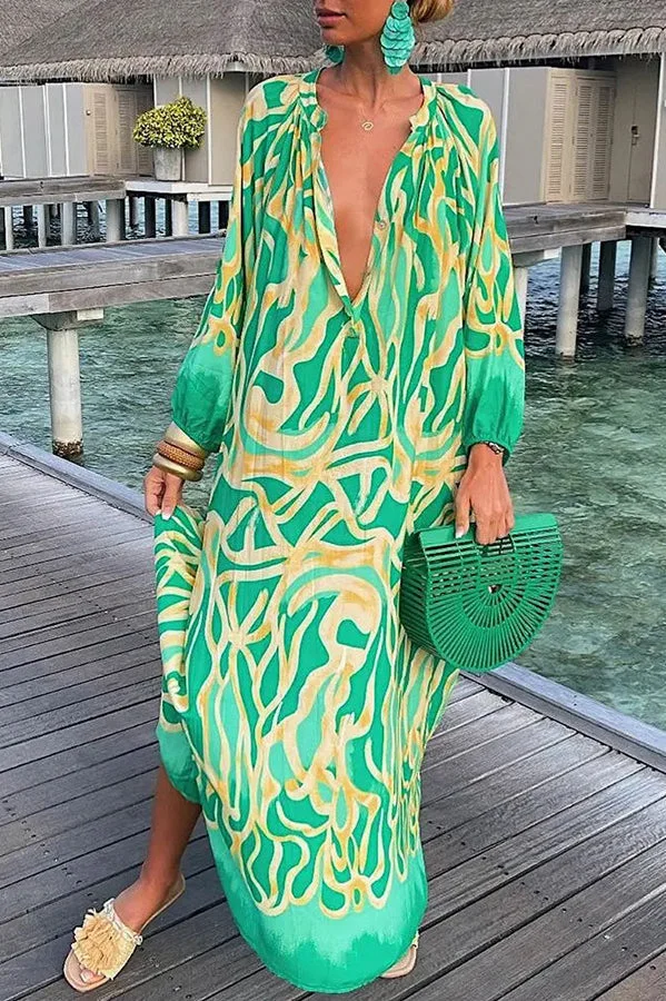 Geometric Printed Front Button Up Long Sleeve Shirt Dress