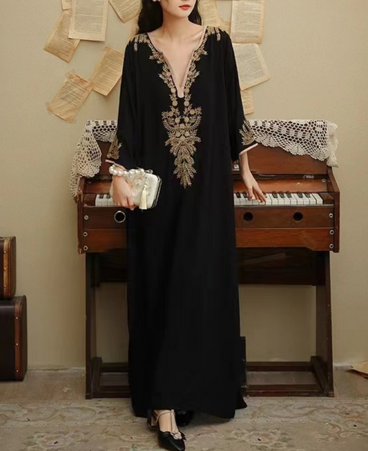 French V-neck embroidered cotton long dress