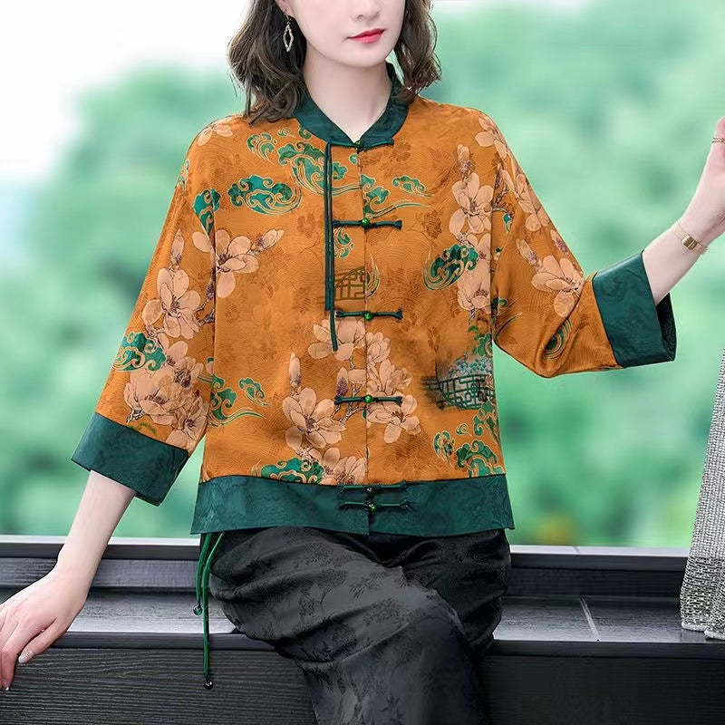 Chinese Style Printed Color Clashing Button Shirt Top