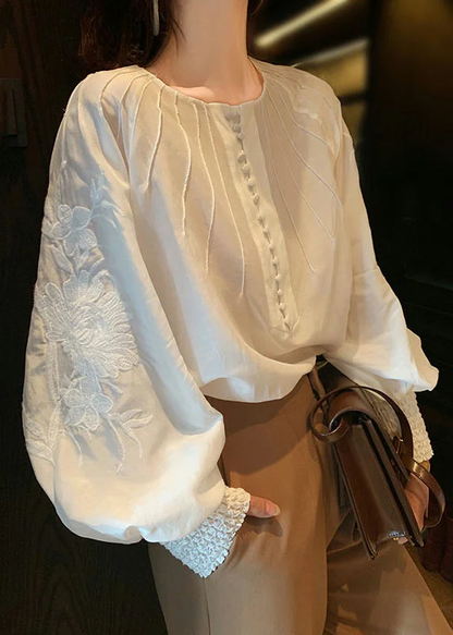 Women's White Embroidered Button Cotton Shirt Lantern Sleeve Spring