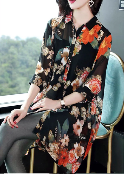 Printed Silk Long Blouse Top Button Half Sleeve