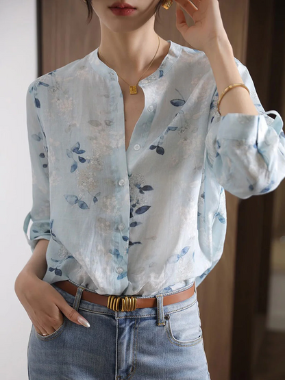 French V-Neck Printed Long Sleeve Blouse Top