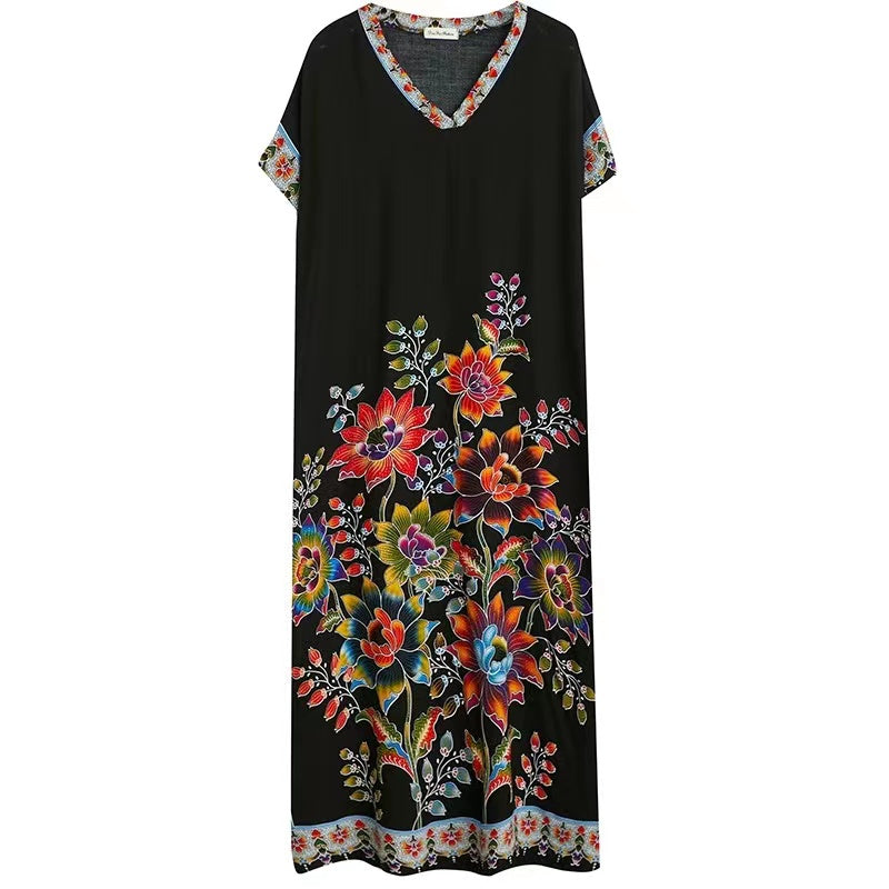 Loose V-Neck Printed Cotton Beach Short Sleeve Dress