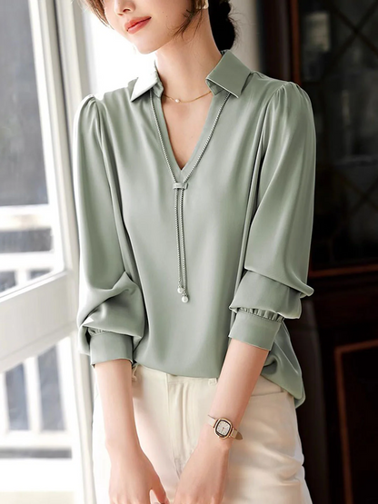 French V-Neck Lapel Satin Long Sleeve Shirt Top