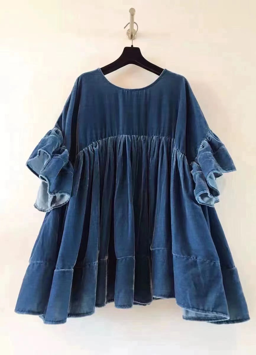 Blue Velvet Ruffle Short Sleeve Velvet Short Dress