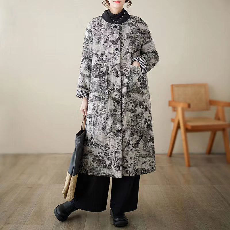 Vintage large silhouette print fine cotton padding long coat