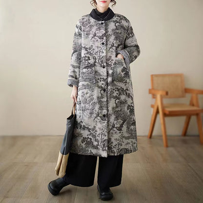 Vintage large silhouette print fine cotton padding long coat