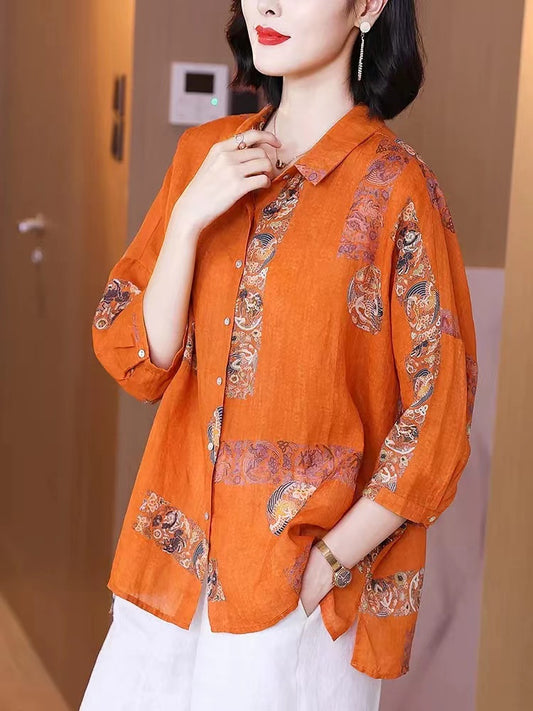 Elegant Printed Lapel Patchwork Cotton Shirt Top