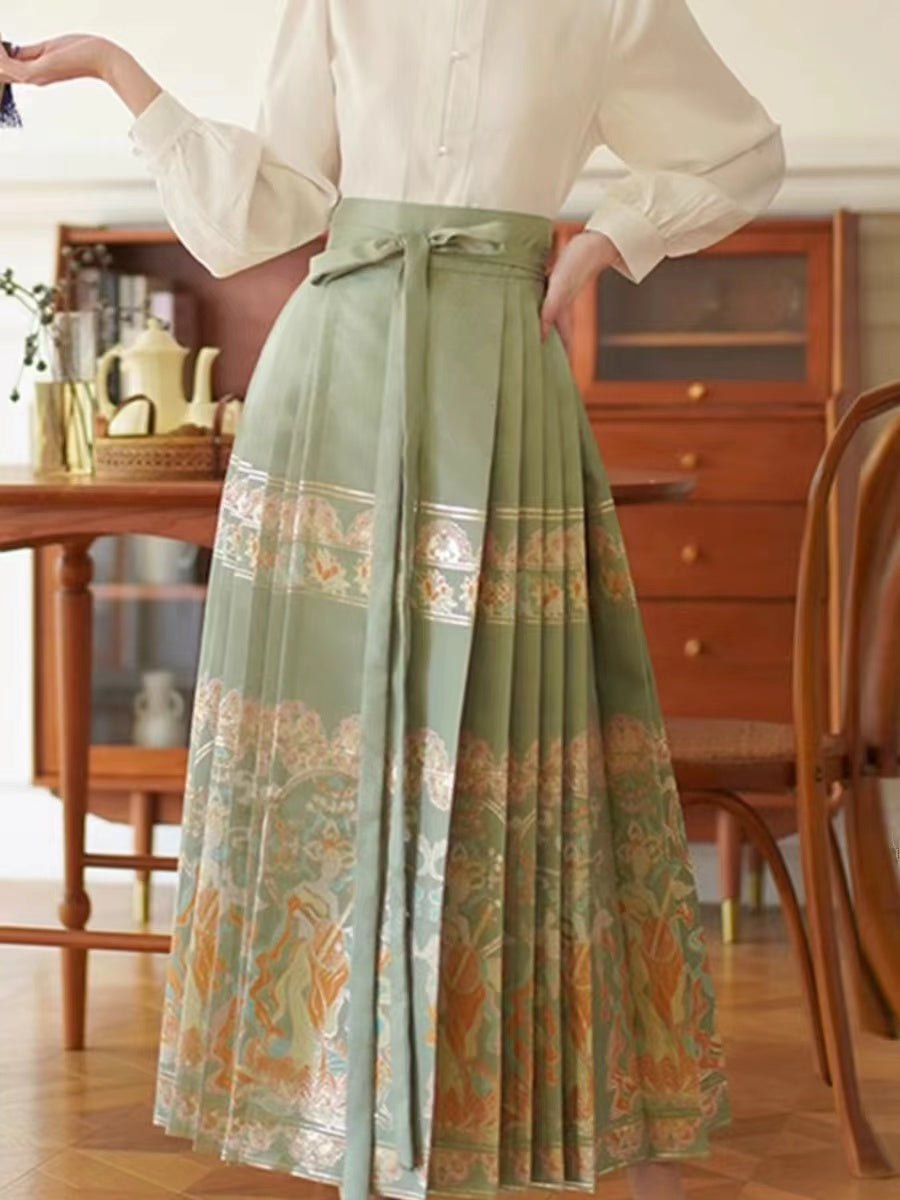 Elegant Vintage Green Printed Pleated Skirt