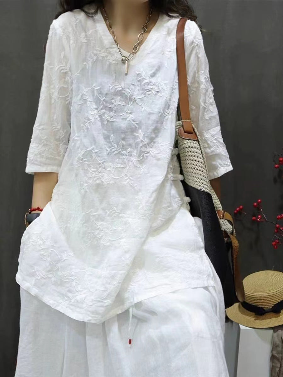 Loose V-Neck Embroidered Linen Long Shirt Top