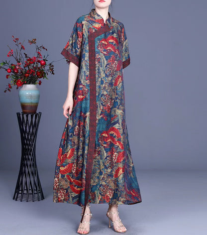 Elegant Printed Silk Half Sleeve Asymmetric Long Dress (Limited Stock)