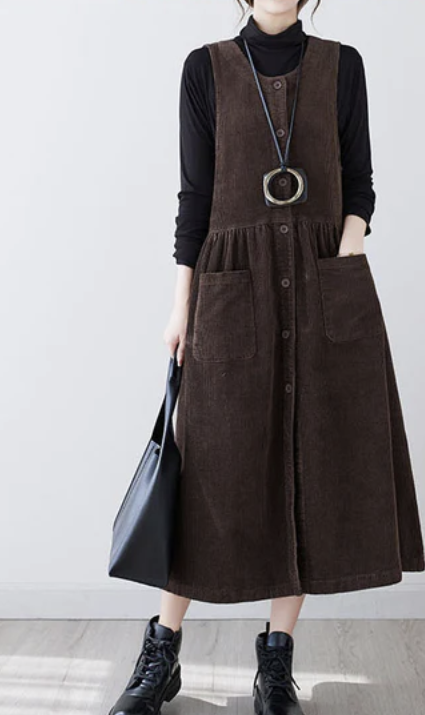 Casual O Neck Quilted Pocket Corduroy Long Dress