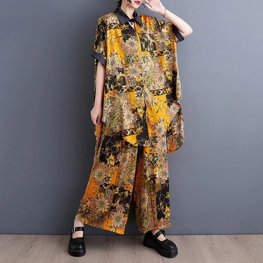 Fashion Plaid Clash Color Floral Short Sleeve Two Piece Set