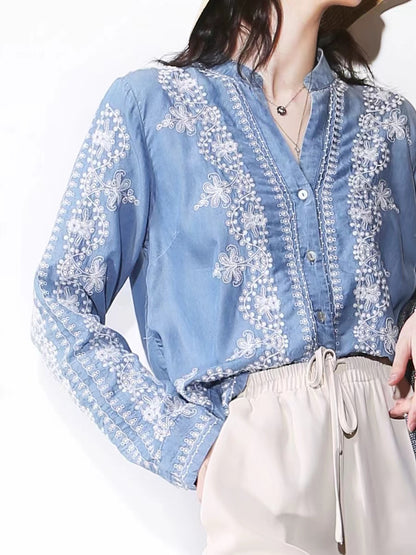 Fashion V-Neck Embroidered Floral Cardigan Long Sleeve Shirt Denim