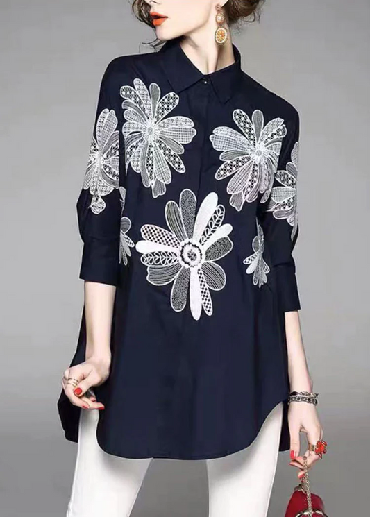 French Pan Collar Embroidery Asymmetric Design Cotton Long Shirt Half Sleeve Top