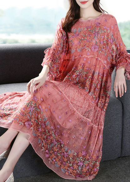 Elegant Embroidered Oversized Silk Vacation Dress Flared Sleeve