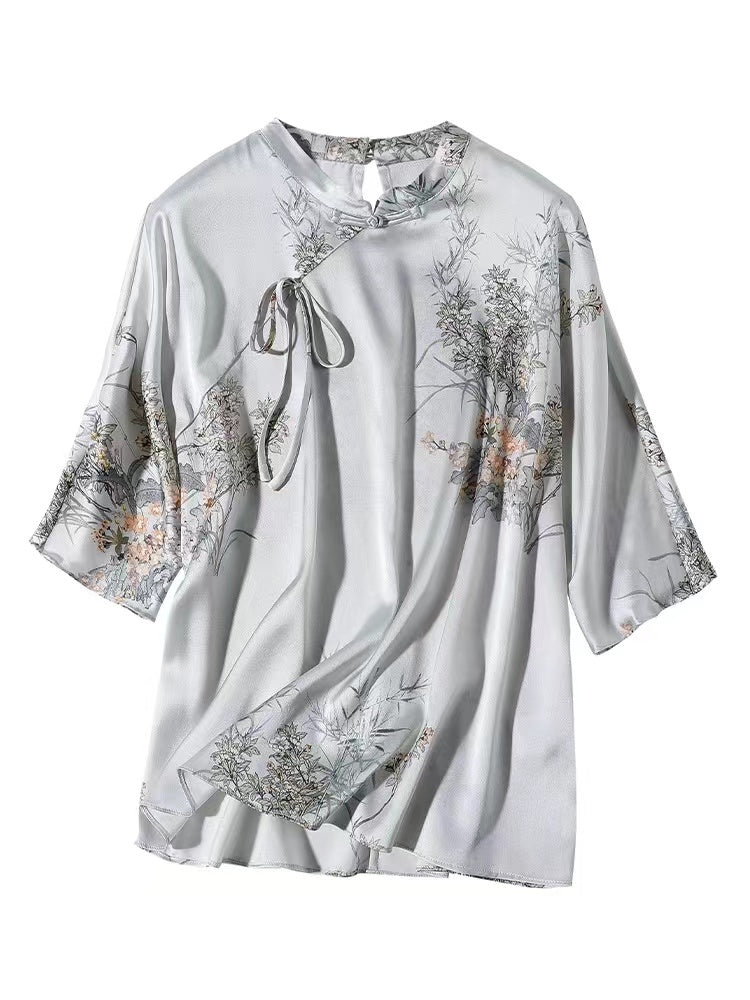 Printed silk half-sleeve blouse with stand-up collar and straps