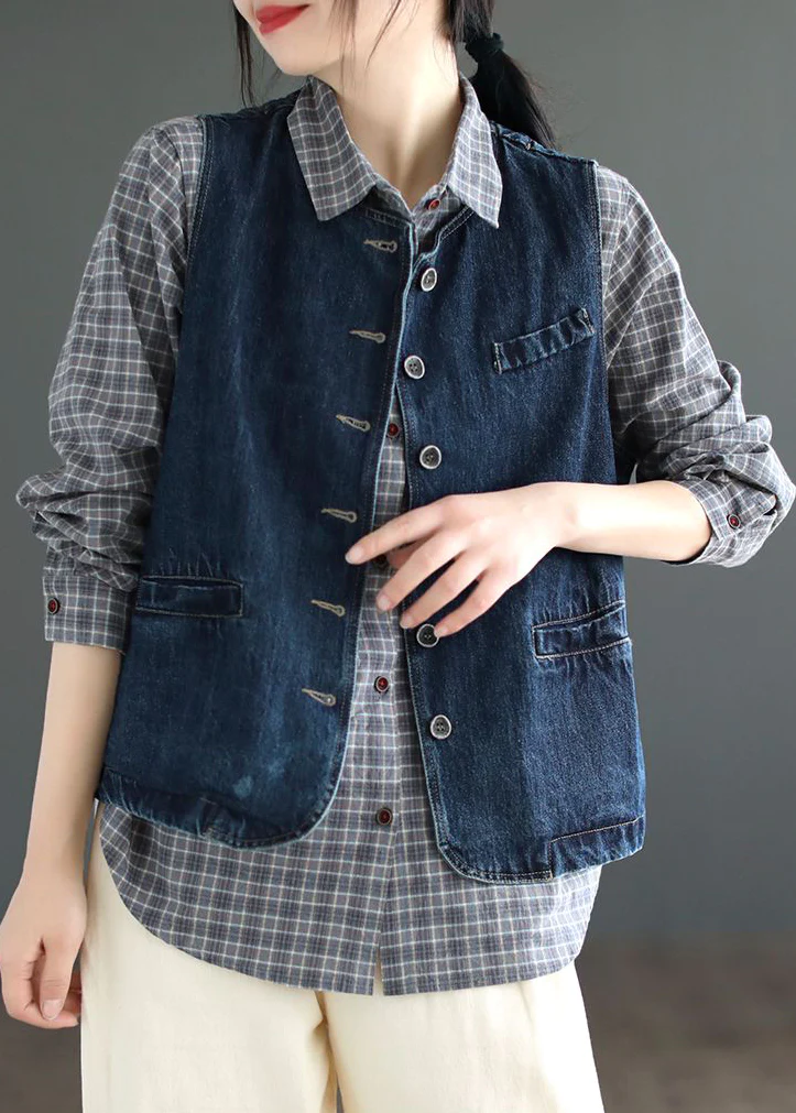 Pocket Short Patchwork Denim Vest Sleeveless