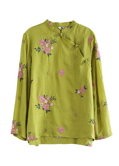 Yellow Chinese Standing Collar Floral Embroidery Linen Long Sleeve Shirt Spring