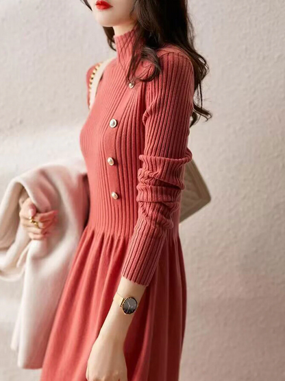 Women's High Neck Solid Color Knit Sweater Dress