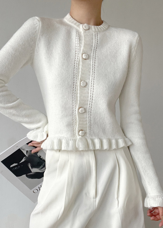 Women's White O Neck Button Ruffle Knit Cardigan