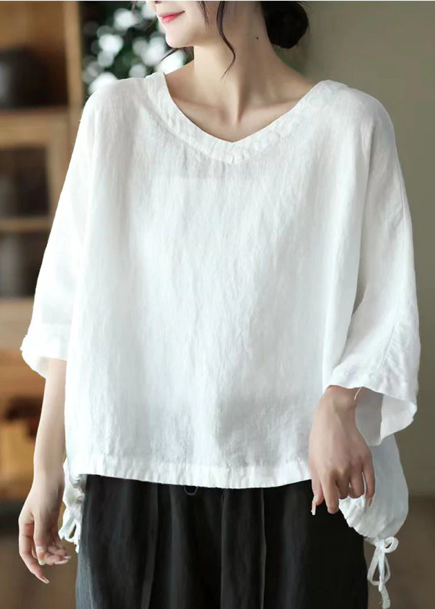 Casual Neck Embroidered Linen Top Long Sleeve