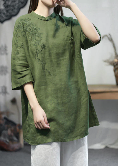 Women's Standing Neck Embroidered Linen Half Sleeve Top