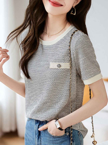 Loose Round Neck Textured Shirt Short Sleeve Top