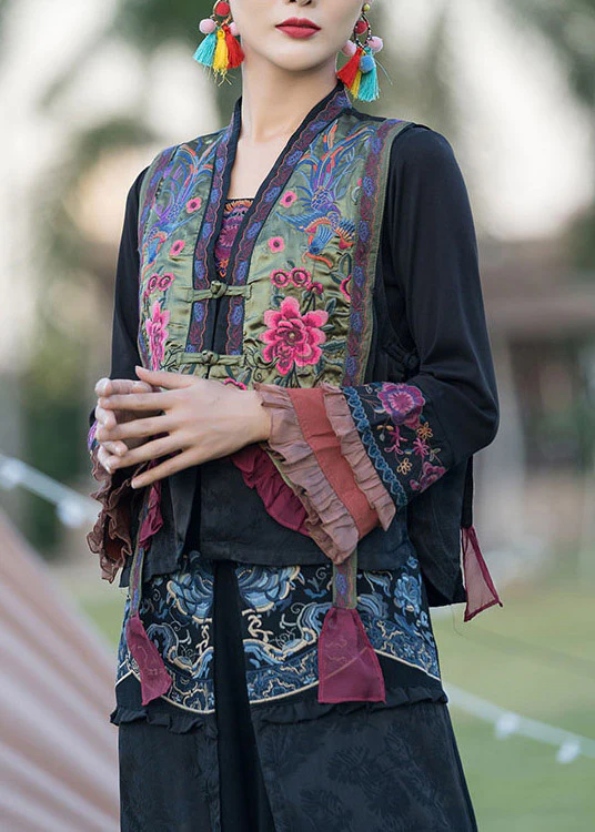 Vintage V-Neck Embroidered Floral Buttoned Satin Vest