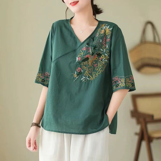 Loose V-Neck Embroidered Short Sleeve Shirt Top