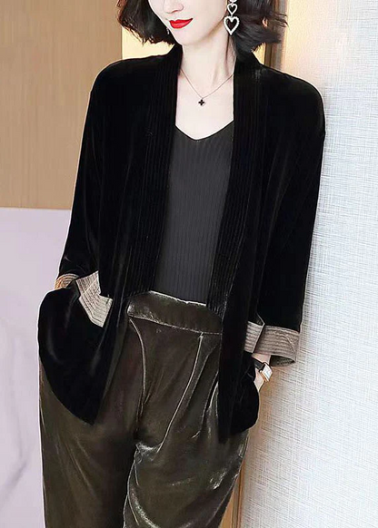 Loose V-Neck Pocket Patchwork Velvet Cardigan Coat