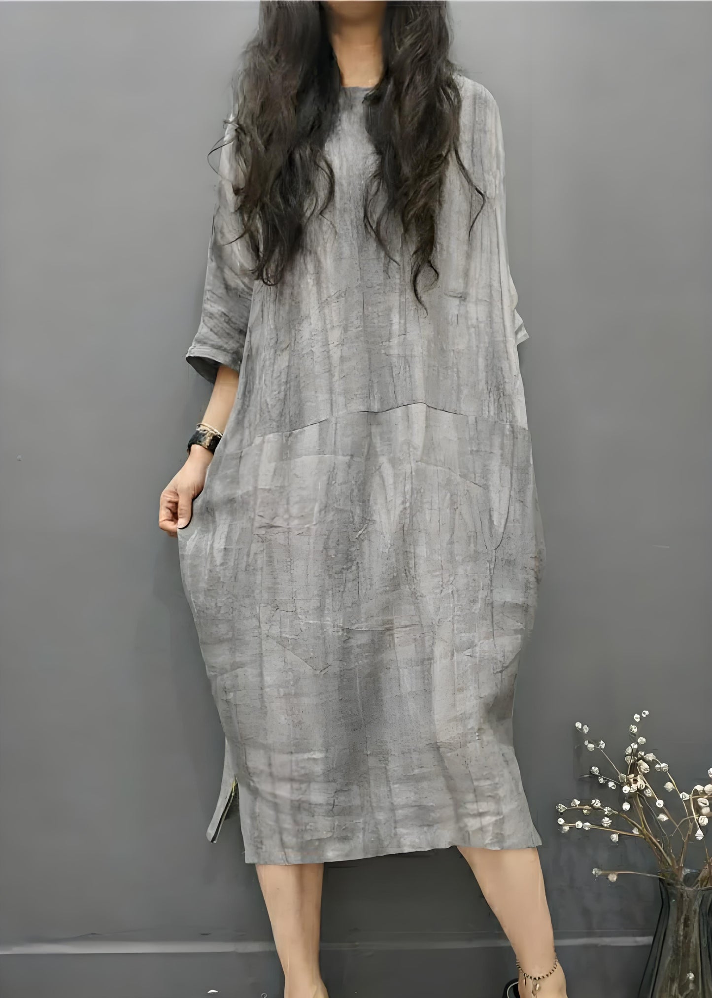 Women's Plus Size Round Neck Ruffled Side Opening Linen Long Dress Bat Sleeve