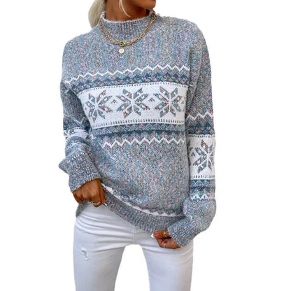 High neck pullover snowflake geometric knit jumper