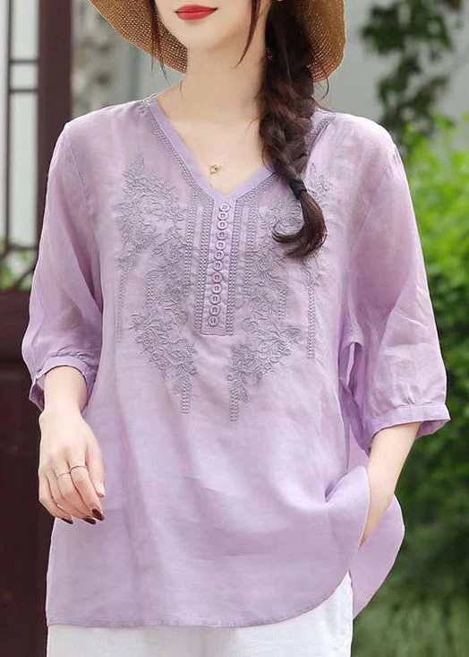 Women's Plus Size Light Purple V-Neck Embroidered Patchwork Linen Top