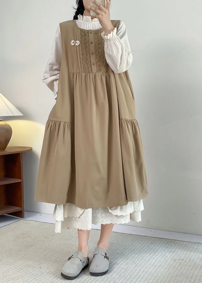 Elegant Khaki Round Neck Lace Sleeveless Long Dress