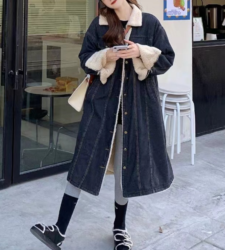 Boho Oversized Padded Wool Lined Denim Trench Coat