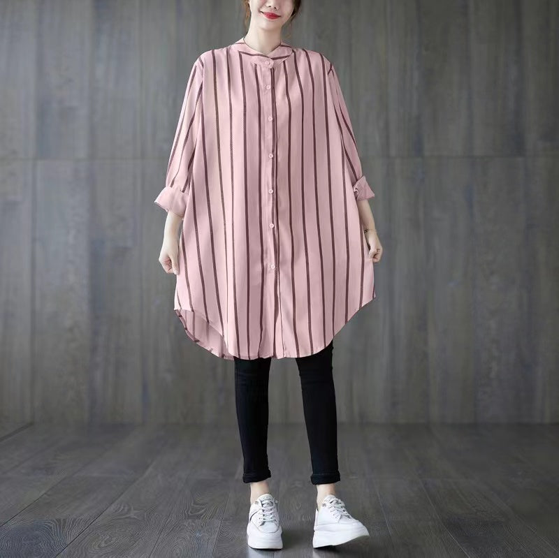 Casual Standing Collar Long Sleeve Shirt Long Top