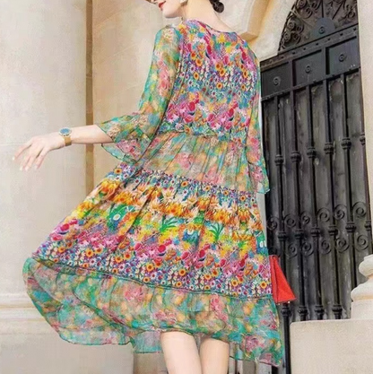 Loose Printed Silk Swing Dress