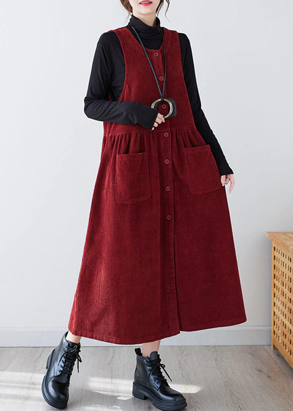 Casual O Neck Quilted Pocket Corduroy Long Dress