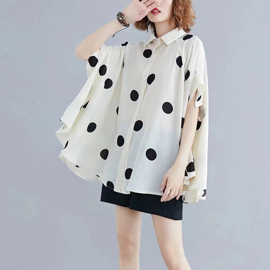 Plus Size Lapel Black White Polka Dot Printed Bat Sleeve Shirt Top