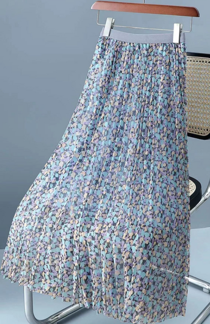 Fashion Floral Printed Tulle Pleated Skirt